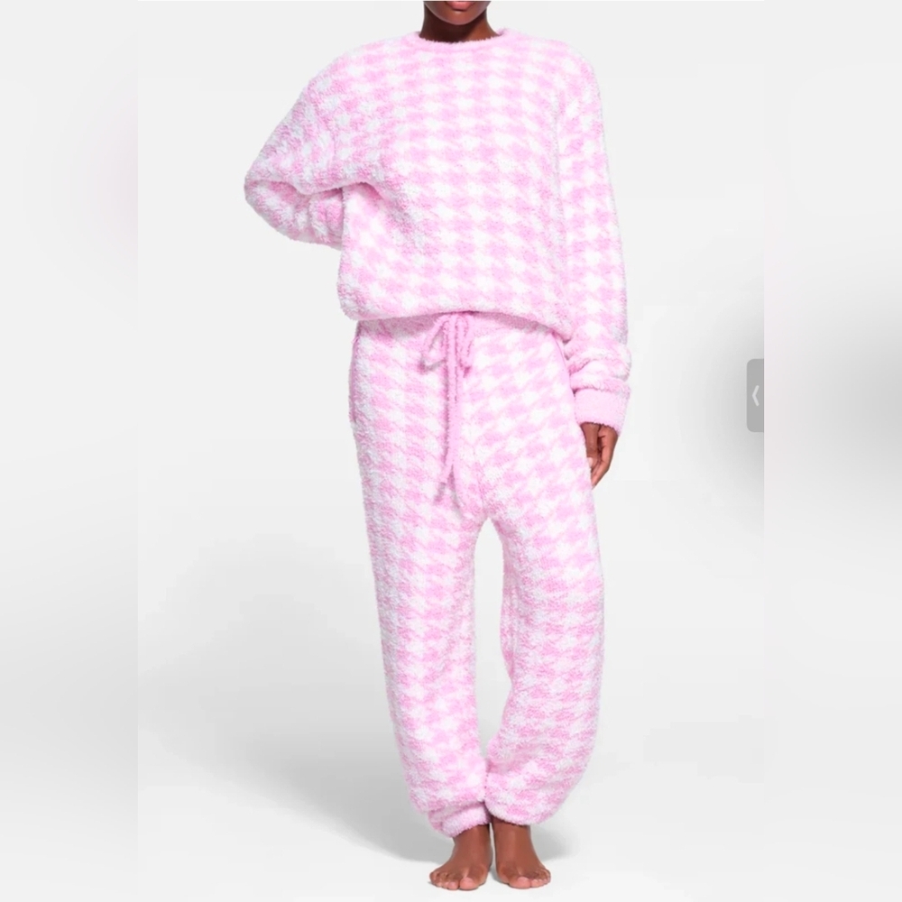 Skims Cozy Pink and White Houndstooth Lounge Set New Sz S-M- L